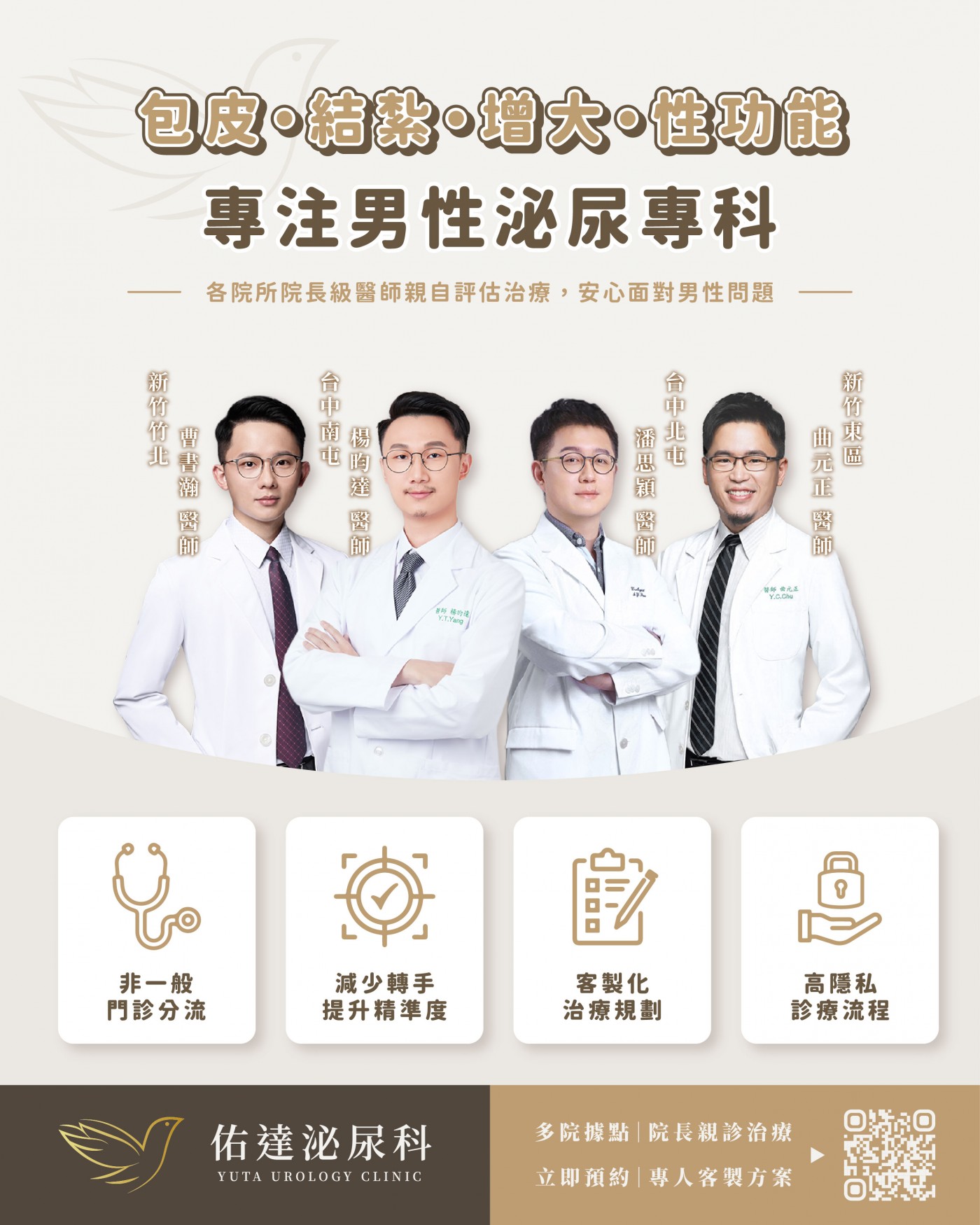 佑達泌尿科診所醫師團隊：來自林口長庚、中國附醫等醫學中心專科醫師，5 院區據點服務新竹竹北、新竹東區、台中南屯、台中北屯、台中水湳。緊急 PEP 由經驗豐富的醫師親自評估。
