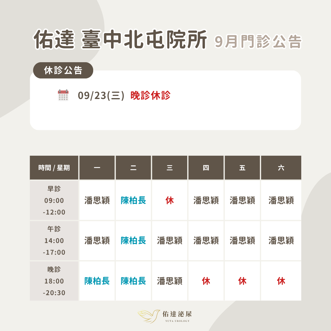 北屯佑達泌尿科診所門診時間表